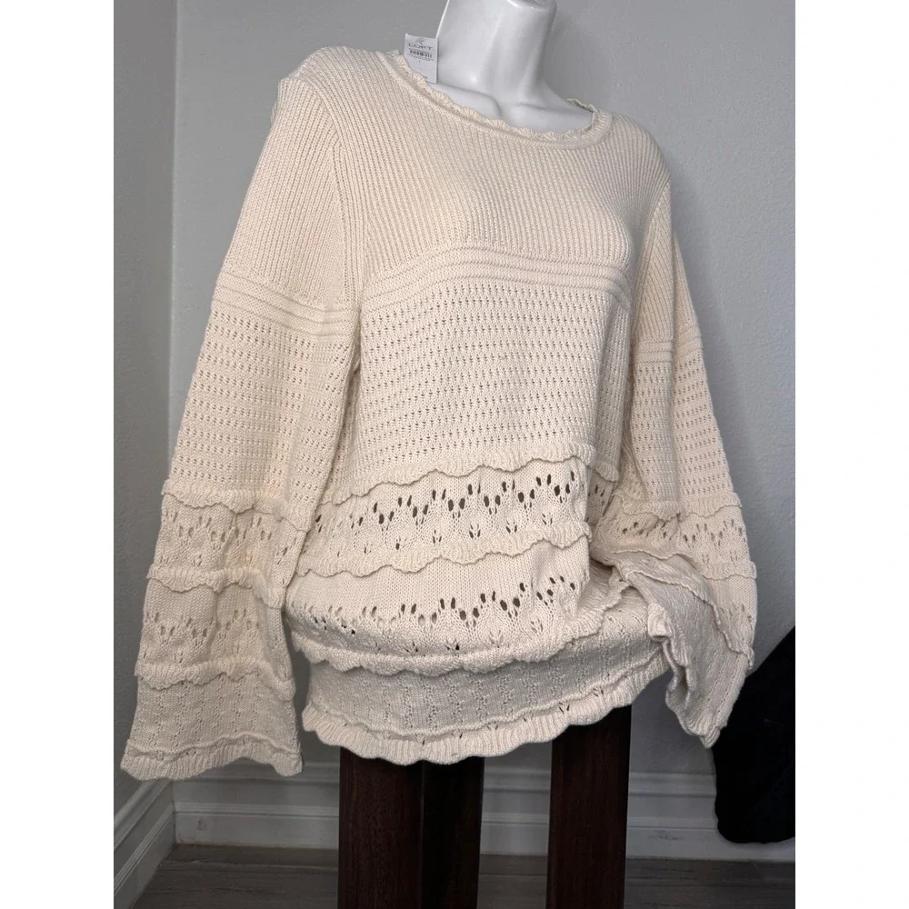 LOFT Cream Cotton Tiered Ruffle Pointelle Sweater Lace Boho L Cottagecore Earthy
